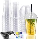 Haayymo Lot de 50 gobelets solides en plastique réutilisables avec couvercles en dôme, pour thé glacé, café, boissons froides (transparent) 400 ml