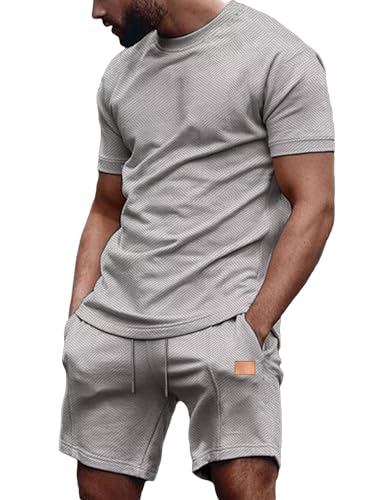 Dokotoo Men Mens 2 Piece Outfits Fashion Short Sleeve T Shirts and Drawstring Shorts Set Summer Tracksuits Set with 2 Pockets Gray Small