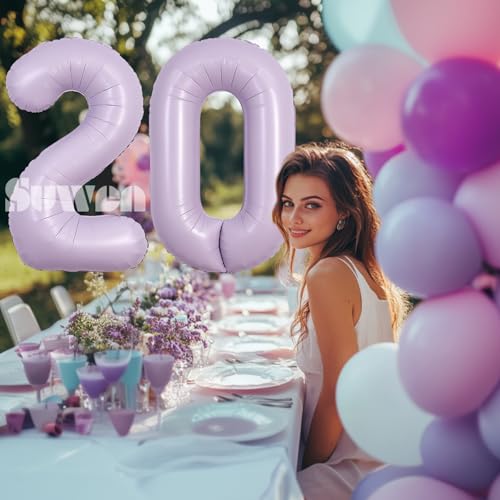 Image of SUWEN 40 Inch Light Purple Lavender Big 20 Balloon Number Foil Helium 0-9 | 20th Large Giant Huge Mylar Jumbo Happy Birthday Party Anniversary Decorations