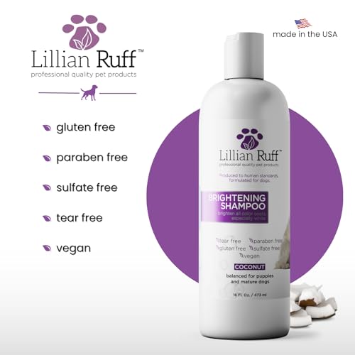 Image of Lillian Ruff PRO Formula Ultra Brightening Dog Shampoo - Professional Whitening & Long-Lasting Odor Eliminator, Remove Stains & Discoloration, Dry Skin & Itch Relief - Aloe & Provitamin B5 16oz+Brush