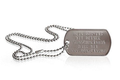 Personalisierte Erkennungsmarke glänzend mit eigenem Text | Dog Tag Kette mit Prägung | inkl. Kette & Silencer im Set | Unterschiedliche individuelle Texte und Motive möglich