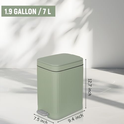 Image of rejomiik Small Bathroom Trash Can with Lid Slim Soft Close Garbage Can Step Wastebasket Container Trash Bin for Office Bedroom Kitchen Living Room (1.9 Gallon Light Green)