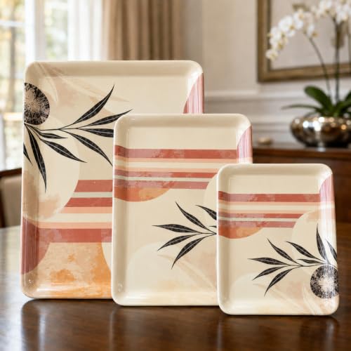 Image of Printed Rectangular Melamine Serving Tray| Tray for Serving Tea, Coffee, Snacks | Break Resistant| Double Laminated | Multi-use | Easy to Clean| | Tray Set of 3 (Small, Medium, Large)(Rose)
