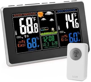 Qxmcov Weather Station Wireless with Outdoor Indoor Sensor, Digital Large LCD Screen Thermometer, Weather Station with Weather Forecast, Temperature, Humidity, Alarm Clock