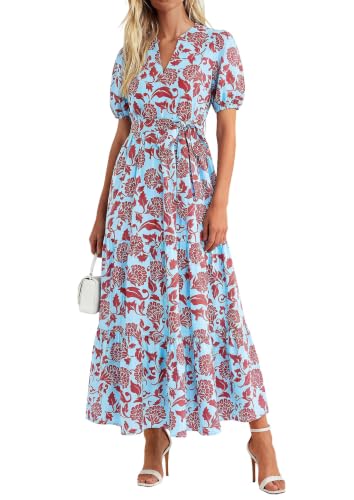 Image of PRETTYGARDEN Women's Summer Boho Floral Maxi Dresses | Bohemian Flower, Short Sleeve V Neck, Fit and Flare, A Line, Flowy Tiered, Belt Pocket, Wedding Guest, Beach Vacation Outfits