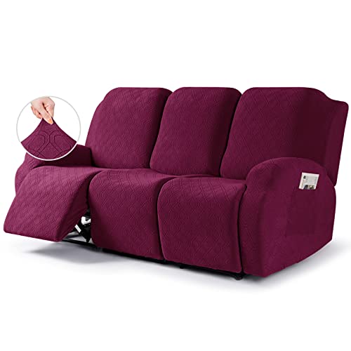 Image of VANSOFY Recliner Cover, 3-Pieces Stretch Reclining Couch Covers with Pockets Reclining Sofa Slipcovers 3 Seater Soft Washable Furniture Protector for Dogs Cats(Burgundy)