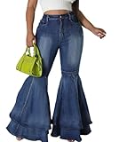 Womens Flare Jeans Pleated Layered Ruffle Bell Hem Cute Wide Leg Denim Pants Blue
