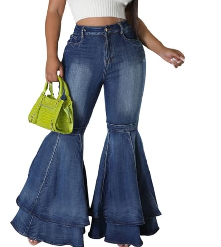 Women's Flare Jeans Pleated Layered Ruffle Bell Hem Cute Wide