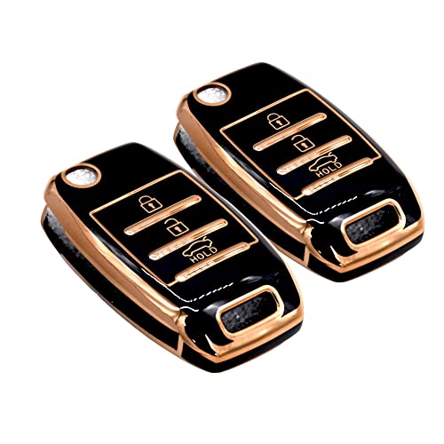 Image of KMH TPU Gold Car Smart Key Cover Compatible for Kia Seltos and Sonet 3 Push Button Smart Flip Key Shell Case Holder, Full Key Protection (Black Gold) Pack of 2