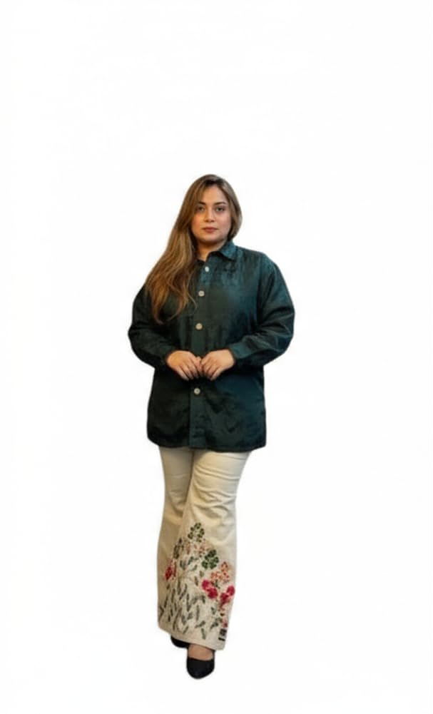 Elegant Women's Tunic and Bell Bottom Set, Navy Blue Cotton Top with Embroidered Corduroy Pants, Casual Wear Coordinate Set-image-44
