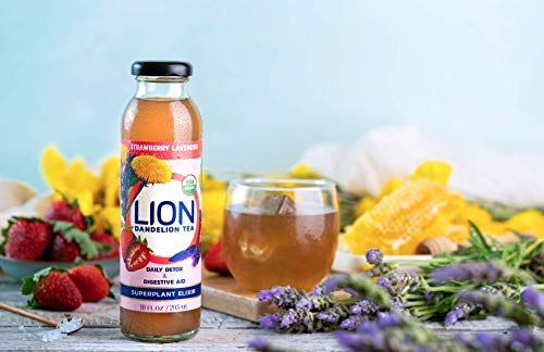 LION Organic Bottled Dandelion Tea | Immunity Booster - Prebiotic Tea Full of Antioxidants | Strawberry Lavender | 12 Pack