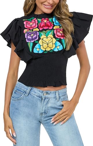 Women's Boho Shirts Floral Embroidered Ruffle Short Sleeve Frill Mock Neck Dressy Casual Summer Peasant Blouses Crop Tops3