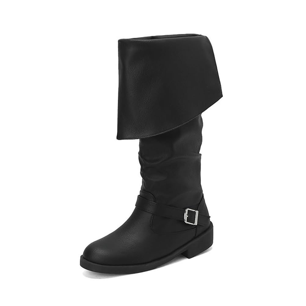 Womens Mid Calf Knee High Boots Biker Style Low Chunky Heel Slouchy Fashion Winter Shoes with Belt Buckle