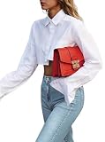Remidoo Women's Asymmetrical Hem Long Sleeve Cropped Button Up Shirt Crop Top Blouse Streetwear White Large
