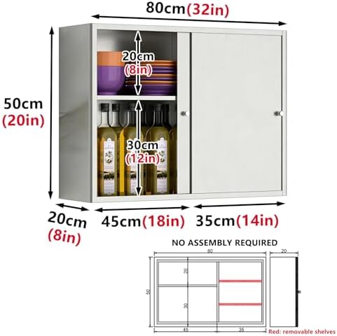 Stainless Steel Wall Mounted Sliding Door Cabinet with Adjustable Shelves - Kitchen & Bathroom Storage Organizer, Space-Saving 60x20x40cm (24x8x16in)
