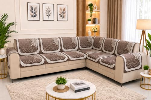Image of Printed 7 Seater L-Shape Sofa Cover with Arm Covers, Quilted Texture, Sectional Couch Protector for Living Room-Pack of 15 (Brown Vine)