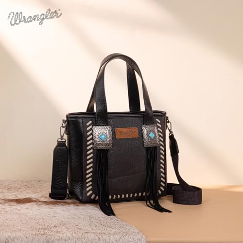 Image of Montana West Wrangler Cowhide Tote Bag for Women Western Tooling Handbag Leather Fringing with Turquoise Stone Concho