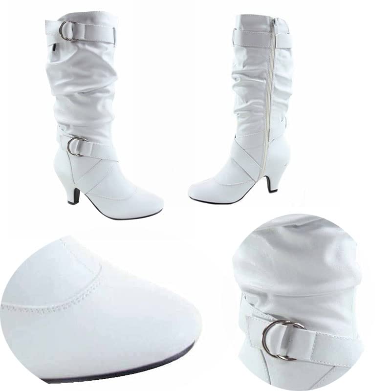 Women's Fashion Mid Knee High Heel Boots, Low Heel Zip Buckle Casual Mid Boots, Winter Warm Solid Color Wedding Boots 5