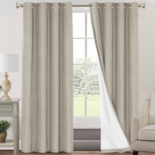 Image of PrinceDeco Linen Texture Curtains Soild 100% Blackout Thermal Insulated with White Liner Blackout Curtains for Bedroom 90 Inches Long 2 Panels,52 inch Wide,90 inch Length Noise Reducing Curtains, Stone