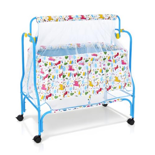 Image of Amazon Brand - Supples Baby Cradle with Swing & Mosquito Net | 0-8 Months | Swing Lock | 4 Wheels with Brake | Soft & Comfortable for Baby Sleep | Sturdy Mild Steel Frame | Blue