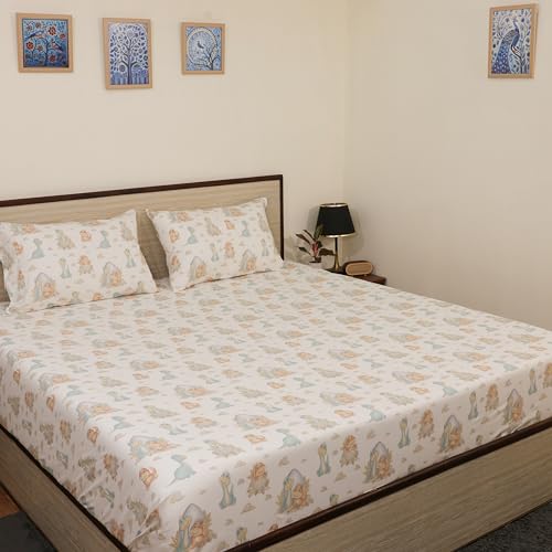 Image of King Size Bedsheet - Cute Dino - 108 x 108 Inches - Brushed Microfiber Flat Sheet with Pillow Covers - Soft, Cooling, Wrinkle & Fade Resistant