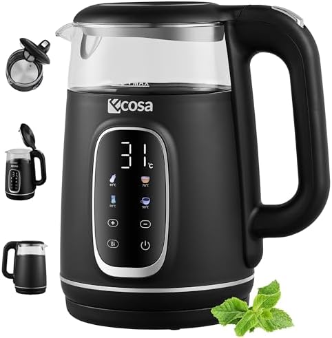 Ecosa® Wasserkocher mit Temperatureinstellung Glas Edelstahl - Teekocher - 1,7 Liter 2.200 Watt - BPA Frei mit Temperaturwahl 40°C-100°C - Warmhaltefunktion LED Beleuchtung (Black
