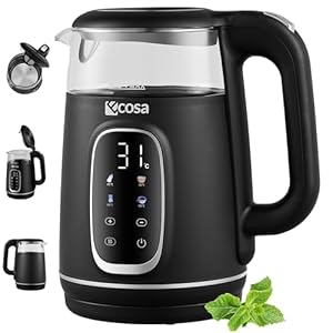Ecosa® Wasserkocher mit Temperatureinstellung Glas Edelstahl - Teekocher - 1,  Liter 2.200 Watt - BPA Frei mit Temperaturwahl 40°C-100°C - Warmhaltefunktion LED Beleuchtung (Black Pearl)