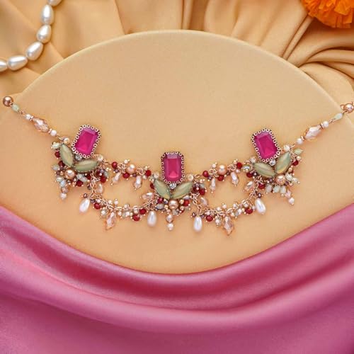 Image of SANJOYA Gold Plated Traditional Embroidered Jewellery for Women & Girls | Stone Studded Wedding, Festive, Mehendi, Sangeet Collection | Necklace, Earrings, Maang Tikka, Bracelet & Ring