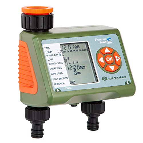 Ultranatura Doppel-Bewässerungscomputer mit LC-Display, ideal zur Blumenbewässerung, Rasenbewässerung etc, Bewässerungssteuerung mit Zwei Ausgängen und Vier Bewässerungszyklen, Urlaubsbewässerung Cover