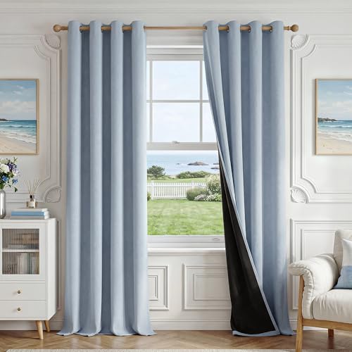 Image of FMFUNCTEX 100% Blackout Curtains for Bedroom, Smoky Blue Curtains 63 Inches Long Textured Thermal Insulated Curtains for Living Room Drapes, Black Out Drapery Grommet Room Darkening 2 Panels