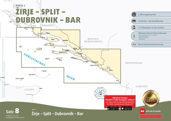 Sportbootkarten Satz 8: Adria 2 (Ausgabe 2025/2026): Zirje - Split - Dubrovnik - Bar