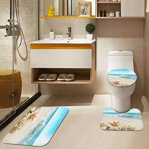 Tayney Beach Seashell Shower Curtain Set With Toilet Lid Cover And Non-Slip Rugs, Blue Ocean Waves 4 Pcs Shower Curtain Set, Sea Starfish Bathroom Shower Curtain Set With 12 Hooks Accessories #TOP2