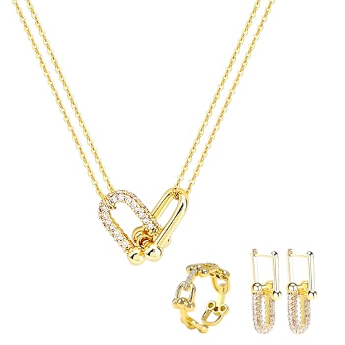 LUSPYN Jewelry Set for Women's, 3 PCS Jewelry Sets - Necklace, Earrings, Ring, Fashion U-Shaped Buckle Design,Gift fou Daughter Mom Wife Friends on Birthday Anniversary