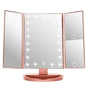 3 Folds Lighted Vanity Makeup Mirror,1X/2X/3X Magnification, 21 LED Light Bright Table Mirror with Touch Screen,180 Adjustable Rotation,Portable Travel Cosmetic Mirror