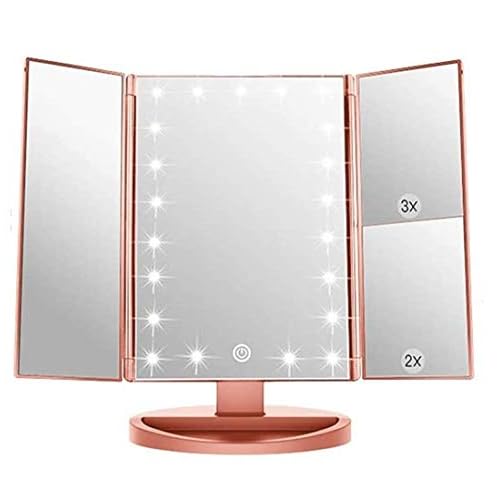 3 Folds Lighted Vanity Makeup Mirror,1X/2X/3X Magnification, 21 LED Light Bright Table Mirror with Touch Screen,180 Adjustable Rotation,Portable Travel Cosmetic Mirror
