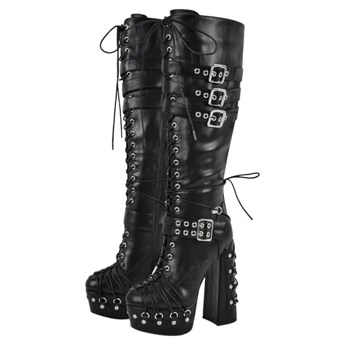 richealnini Platform Knee High Boots with Zippers and Tie Gothic Block Heels Booties for Women2
