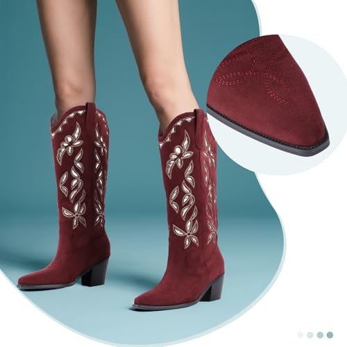 Image of LingxiaUne Cowboy Boots for Women Floral Cowgirl Boots with Pointed Toe and Chunky Heel Mid Calf Western Boot for Concert Festival Country Night Party