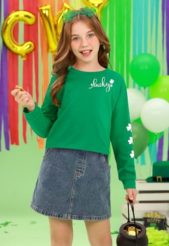 Image of Tween Girl St. Patrick's Irish Lucky Four Leaf Clover Crop Top Green White Long Sleeve Shirt 12 Years