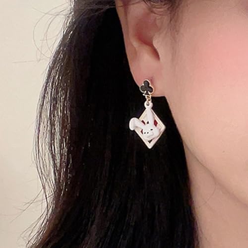 Queen of Hearts Asymmetric Rabbit Hat Poker Dangle Earrings - Red Heart Costume Accessories3