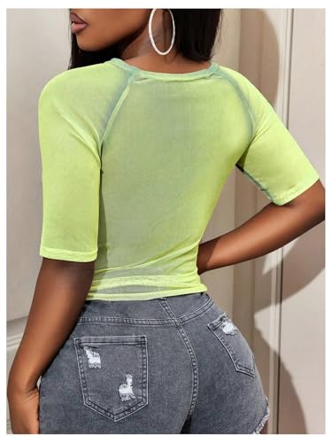 Image of RoseSeek Women's Sheer Mesh Letter Graphic Tees Short Sleeve Crew Neck Y2K Vintage Summer Going Out Crop Tops