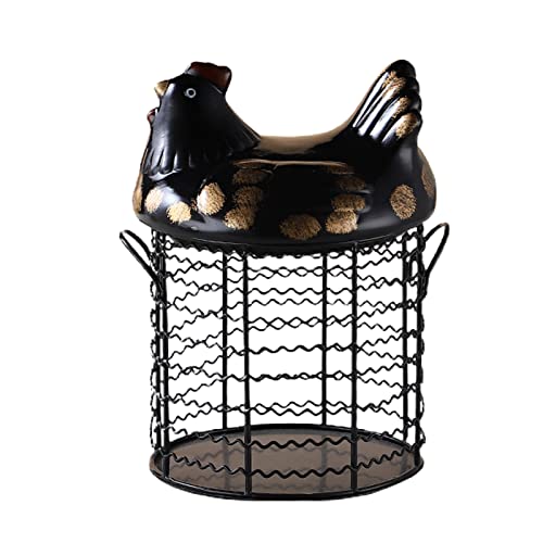 DEDEMCO Eier-Aufbewahrungskorb mit Keramik-Hähnchen-Deckel, schwarzer Metalldraht, Eiersammelkörbe, Keramik-Eierhalter, Arbeitsplatte