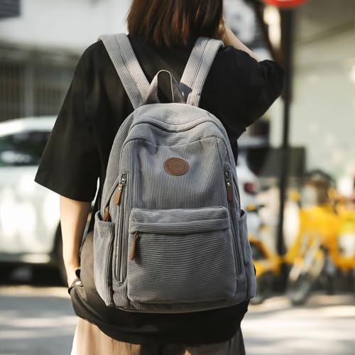 Teclado Fashion Backpack Corduroy Casual Bookbags Lightweight Laptop Bag Travel Daypacks (Grey)3