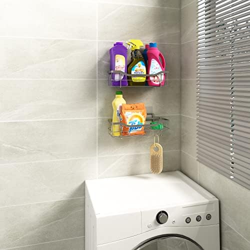 Shower Caddy Pack of 2 - Rustproof Stainless Steel Storage Shelves Suitable for Kitchen or Bathroom Walls Adhesive No Drilling Organiser / Designed to Store Accessories, Silver