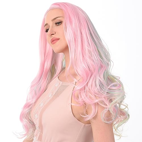 DIGUAN Long Lace Front Body Wave Sexy Curly Three Tone Color Heat Resistant Synthetic Glueless Wigs for Women 24 inch High Density 150% (Candy)