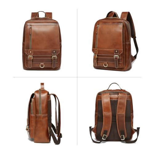 LANNSYNE Vintage Genuine Leather Backpack For Men Fits up to 15\" Laptop Travel Hiking Rucksack