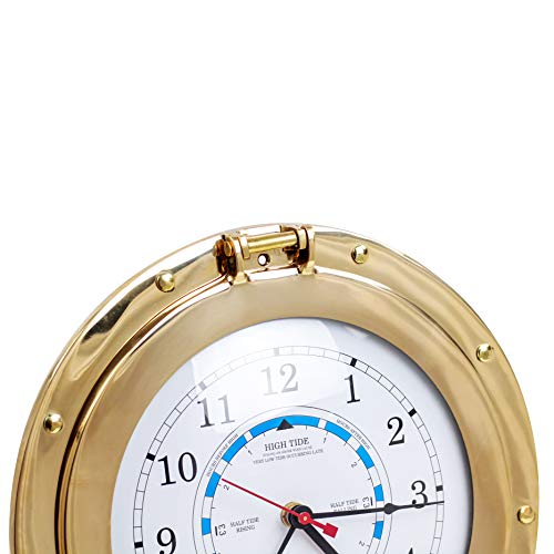 Nagina International 12" Solid Brass Porthole Tide & Time Clocks | Fully Functional Tidal Movement Prediction Clock | Moon Tidal Movement Indicator #TOP4
