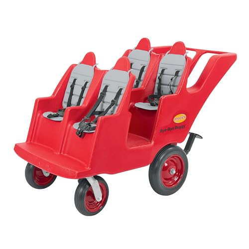 Image of Angeles Bye Bye Buggy Daycare Stroller, 4 Passenger Red | Easy to Fasten 5 Point Safety Harness and Parking Break, 360 Pivoting Puncture-Proof Fat Tires, Stroller Toddler