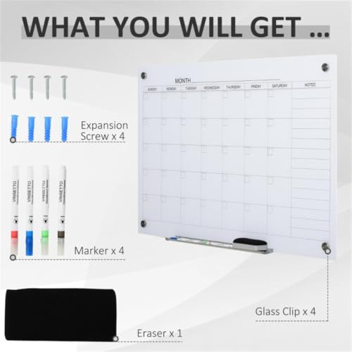 Wall‑Mounted Glass Monthly Calendar Whiteboard, Erasable Planner Board with Marker Tray, Dry‑Erase Markers, Eraser & Mounting Hardware for Home Office School Wall Organization - Image 3