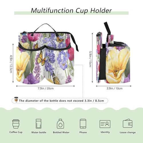 Image of Luggage Cup Holder for Suitcases Free Hands Suitcase Cup Holder Travel Luggage Drink Holder Portable Luggage Cup Caddy Bag Carrier with Handle Tulips Lavenders Purple Butterfly