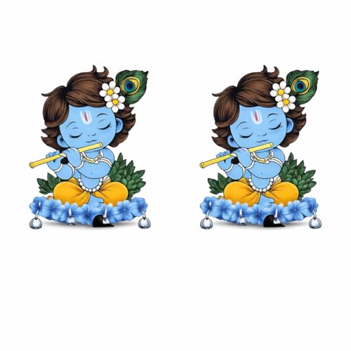 Image of JIVAY Baby Krishna Decorative Wall Mounted Key Holder for Home | Wooden Key Hanger with 7 Hooks | Designer Key Stand for Living Room, Entrance & Office (Blue Krishna Key Holder) Pack 2